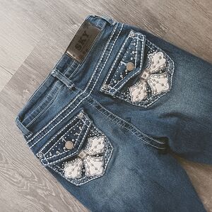 Sky Premium Denim Bootcut Western Jeweled Pocket Blue Jeans Size 3/4 25" Waist
